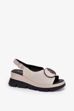 New Damskie buty S.Barski Skórzane Sandały Damskie Na Koturnie Z Ozdobą S.Barski LR51-788 Beżowe