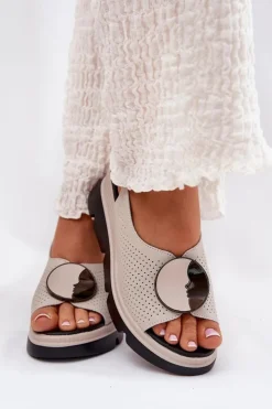 New Damskie buty S.Barski Skórzane Sandały Damskie Na Koturnie Z Ozdobą S.Barski LR51-788 Beżowe