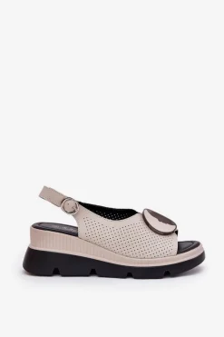 New Damskie buty S.Barski Skórzane Sandały Damskie Na Koturnie Z Ozdobą S.Barski LR51-788 Beżowe