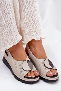 New Damskie buty S.Barski Skórzane Sandały Damskie Na Koturnie Z Ozdobą S.Barski LR51-788 Beżowe