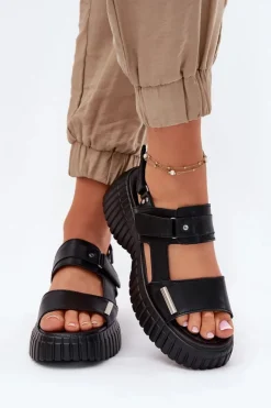 Evento Sandały Płaskie*Skórzane Sandały Damskie Na Platformie Czarne Mertella Czarny