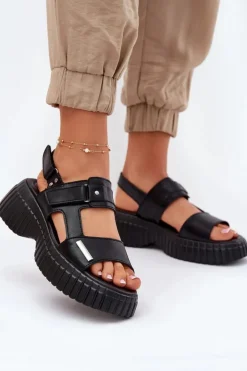 Evento Sandały Płaskie*Skórzane Sandały Damskie Na Platformie Czarne Mertella Czarny