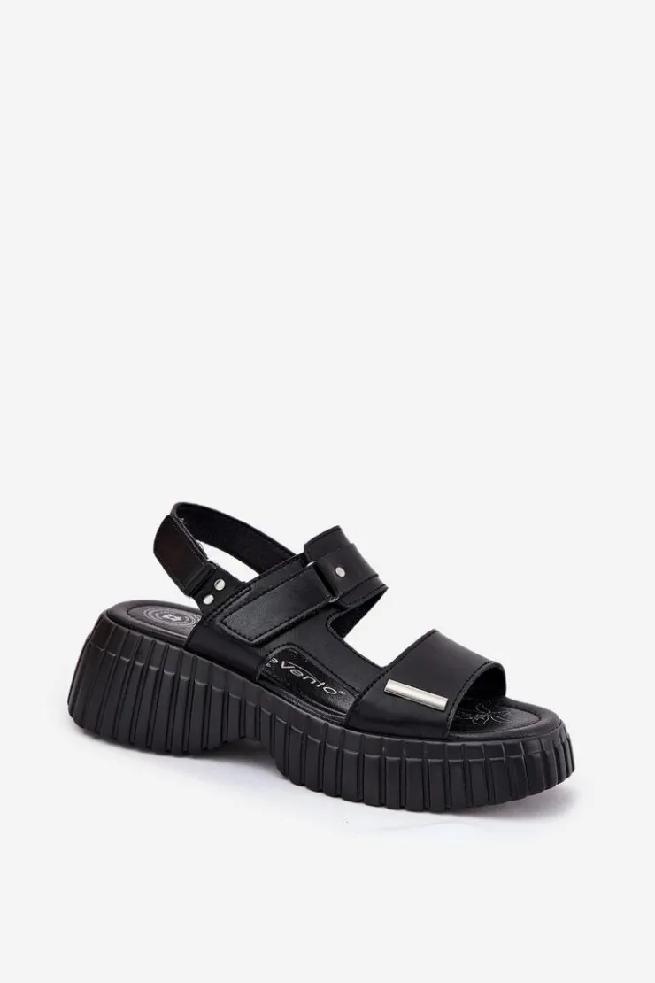 Evento Sandały Płaskie*Skórzane Sandały Damskie Na Platformie Czarne Mertella Czarny