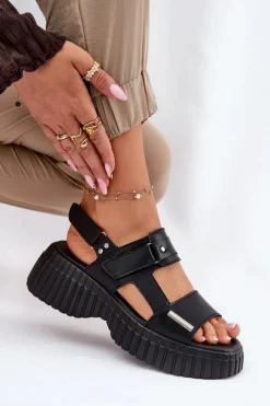 Evento Sandały Płaskie*Skórzane Sandały Damskie Na Platformie Czarne Mertella Czarny