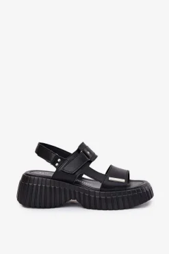 Evento Sandały Płaskie*Skórzane Sandały Damskie Na Platformie Czarne Mertella Czarny