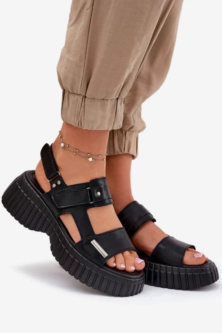 Evento Sandały Płaskie*Skórzane Sandały Damskie Na Platformie Czarne Mertella Czarny