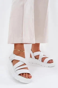 Damskie Evento Skórzane Sandały Damskie Na Platformie Z Klamrą Białe Selianae