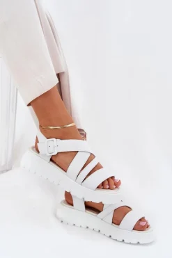 Damskie Evento Skórzane Sandały Damskie Na Platformie Z Klamrą Białe Selianae