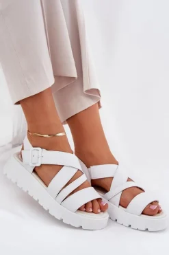 Damskie Evento Skórzane Sandały Damskie Na Platformie Z Klamrą Białe Selianae