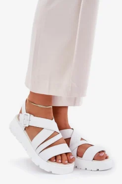 Damskie Evento Skórzane Sandały Damskie Na Platformie Z Klamrą Białe Selianae