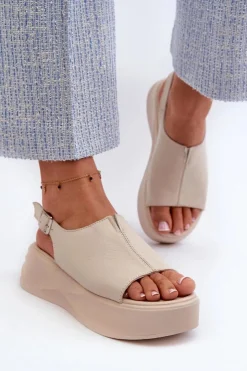 Outlet Damskie buty S.Barski Skórzane Sandały Damskie Na Platformie D&A SJ2301-2 Beżowe