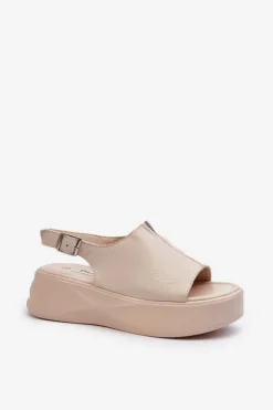 Outlet Damskie buty S.Barski Skórzane Sandały Damskie Na Platformie D&A SJ2301-2 Beżowe