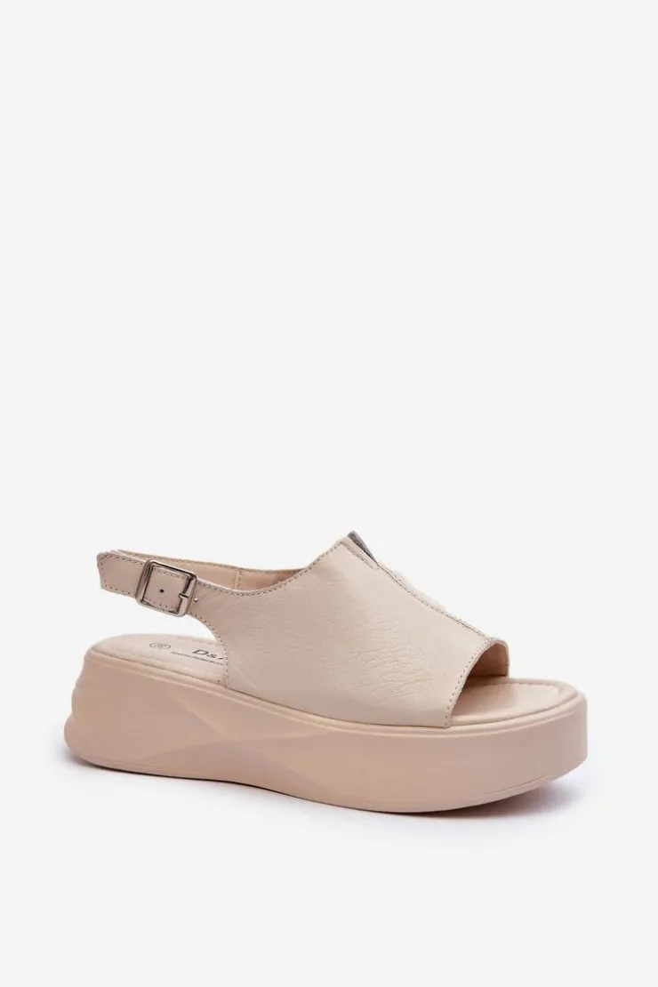 Outlet Damskie buty S.Barski Skórzane Sandały Damskie Na Platformie D&A SJ2301-2 Beżowe