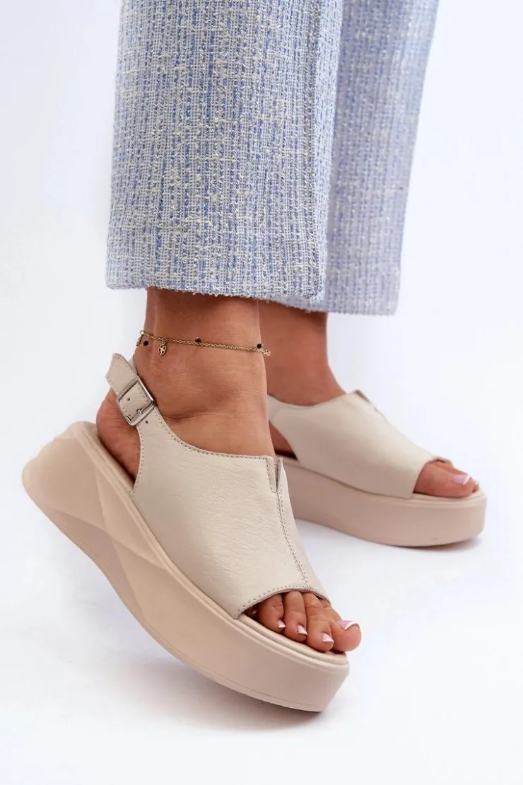 Outlet Damskie buty S.Barski Skórzane Sandały Damskie Na Platformie D&A SJ2301-2 Beżowe