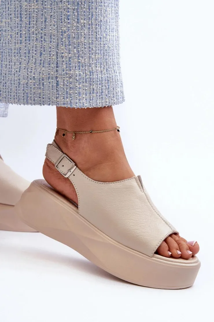 Outlet Damskie buty S.Barski Skórzane Sandały Damskie Na Platformie D&A SJ2301-2 Beżowe