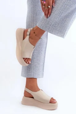 Outlet Damskie buty S.Barski Skórzane Sandały Damskie Na Platformie D&A SJ2301-2 Beżowe