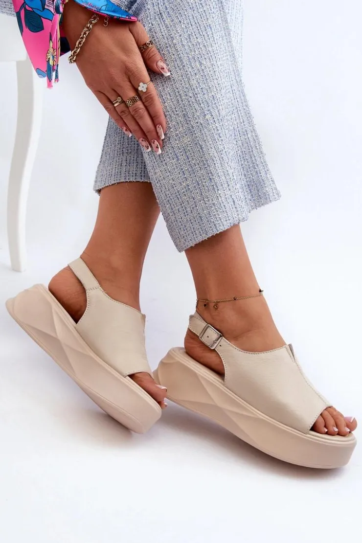 Outlet Damskie buty S.Barski Skórzane Sandały Damskie Na Platformie D&A SJ2301-2 Beżowe