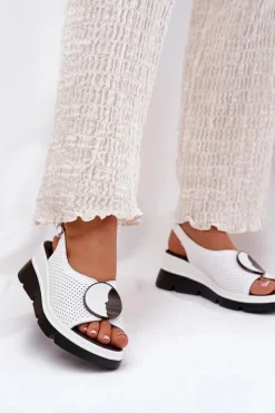 Damskie buty S.Barski Sandały Na Koturnie*Skórzane Sandały Damskie Na Koturnie Z Ozdobą S.Barski LR51-788 Białe