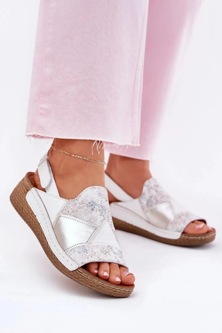 Maciejka Sandały Na Koturnie*Skórzane Sandały Damskie Na Koturnie Z Plecionką L7067-11 Białe Biały