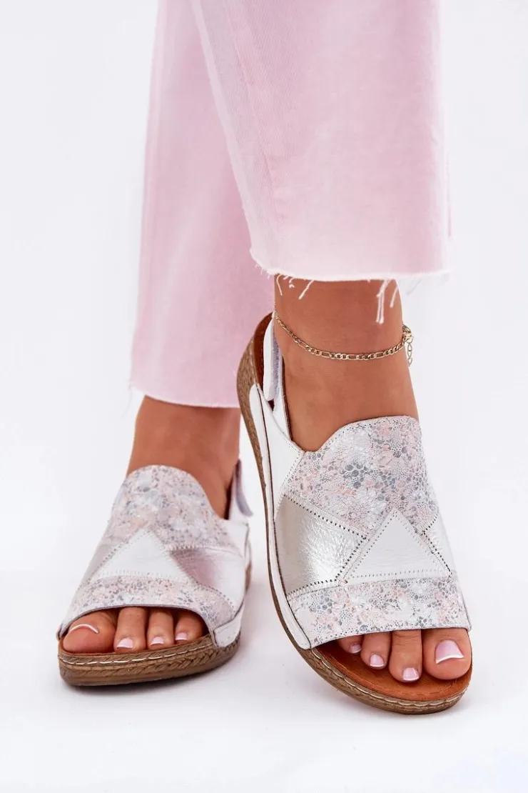 Maciejka Sandały Na Koturnie*Skórzane Sandały Damskie Na Koturnie Z Plecionką L7067-11 Białe Biały