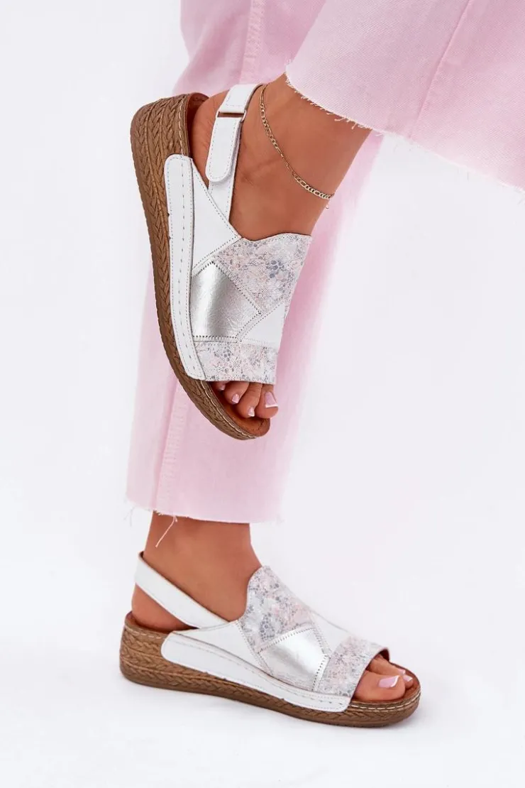 Maciejka Sandały Na Koturnie*Skórzane Sandały Damskie Na Koturnie Z Plecionką L7067-11 Białe Biały