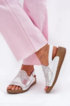 Maciejka Sandały Na Koturnie*Skórzane Sandały Damskie Na Koturnie Z Plecionką L7067-11 Białe Biały