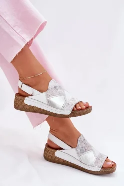 Maciejka Sandały Na Koturnie*Skórzane Sandały Damskie Na Koturnie Z Plecionką L7067-11 Białe Biały