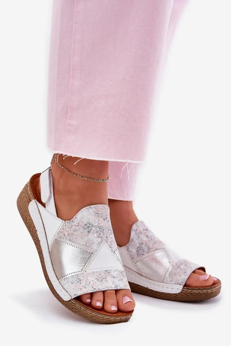 Maciejka Sandały Na Koturnie*Skórzane Sandały Damskie Na Koturnie Z Plecionką L7067-11 Białe Biały