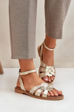 Damskie Boto Skórzane Sandały Damskie Na Płaskim Obcasie Zazoo 3688 Złote