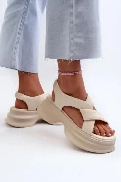 Online GOE Skórzane Sandały Damskie Na Masywnej Podeszwie Jasnobeżowe NN2N4105