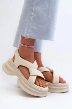 Online GOE Skórzane Sandały Damskie Na Masywnej Podeszwie Jasnobeżowe NN2N4105