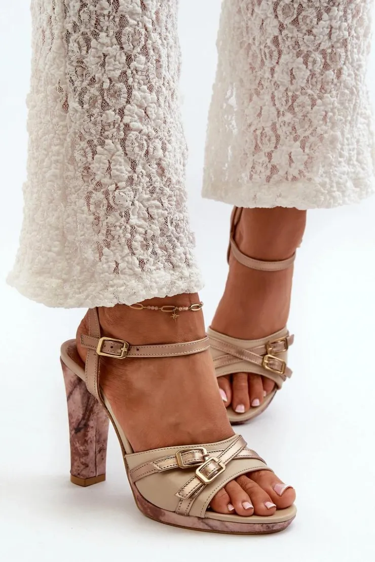 Maciejka Sandały Na Słupku|Sandały Na Obcasie*Skórzane Sandały Damskie Na Słupku 06564-22 Beżowo-Złote