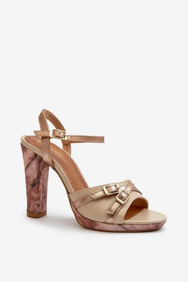 Maciejka Sandały Na Słupku|Sandały Na Obcasie*Skórzane Sandały Damskie Na Słupku 06564-22 Beżowo-Złote