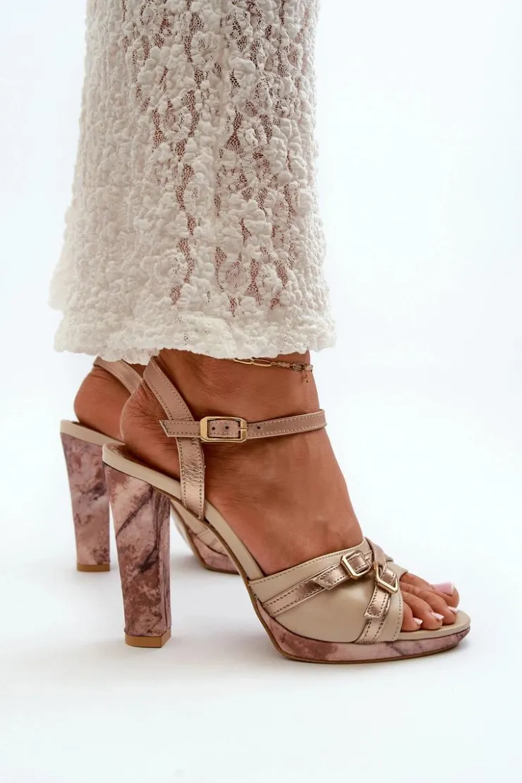 Maciejka Sandały Na Słupku|Sandały Na Obcasie*Skórzane Sandały Damskie Na Słupku 06564-22 Beżowo-Złote