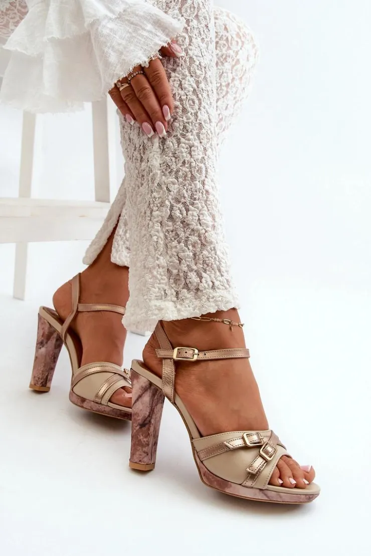 Maciejka Sandały Na Słupku|Sandały Na Obcasie*Skórzane Sandały Damskie Na Słupku 06564-22 Beżowo-Złote