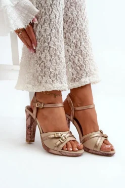 Maciejka Sandały Na Słupku|Sandały Na Obcasie*Skórzane Sandały Damskie Na Słupku 06564-22 Beżowo-Złote