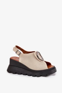 Damskie Boto Skórzane Sandały Damskie Na Koturnie Z Ozdobą Artiker 56C0111 Beżowe