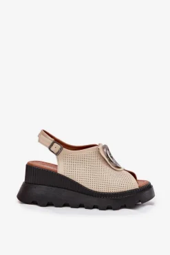 Damskie Boto Skórzane Sandały Damskie Na Koturnie Z Ozdobą Artiker 56C0111 Beżowe