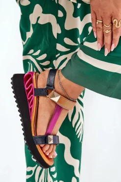 Damskie Damskie buty S.Barski Skórzane Sandały Damskie Na Koturnie D&A CR51-135 Multikolor