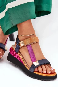 Damskie Damskie buty S.Barski Skórzane Sandały Damskie Na Koturnie D&A CR51-135 Multikolor