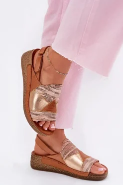 Damskie Maciejka Skórzane Sandały Damskie Na Koturnie Z Plecionką L7067-29 Brązowe