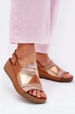 Damskie Maciejka Skórzane Sandały Damskie Na Koturnie Z Plecionką L7067-29 Brązowe