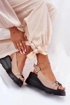 Damskie Artiker Skórzane Sandały Damskie Na Koturnie I Platformie Z Ozdobą 56C2209 Beżowe