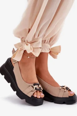 Damskie Artiker Skórzane Sandały Damskie Na Koturnie I Platformie Z Ozdobą 56C2209 Beżowe