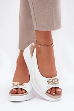 Damskie buty S.Barski Skórzane Sandały Damskie Na Koturnie Z Ozdobnym Detalem S.Barski LR51-593 Białe