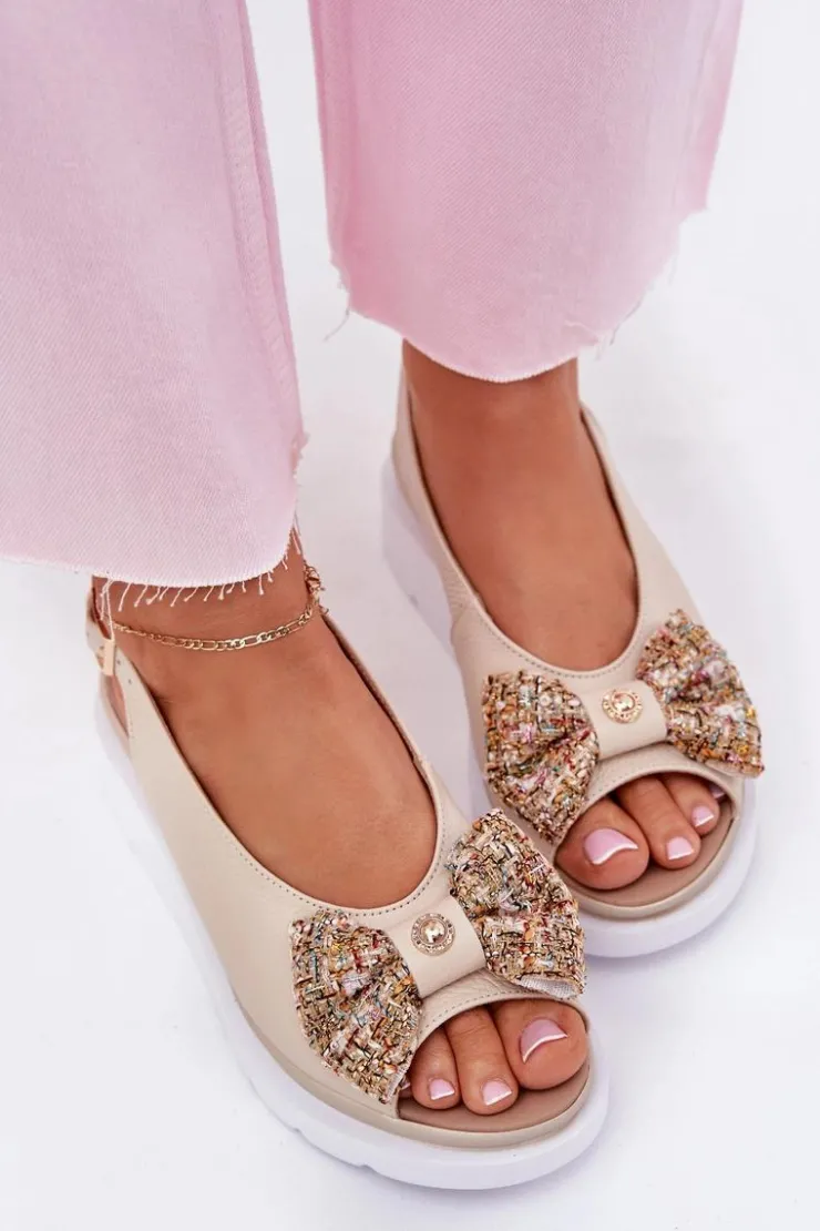 Zazoo Sandały Na Koturnie*Skórzane Sandały Damskie Na Koturnie Z Kokardą 1882 Beżowe Beżowy