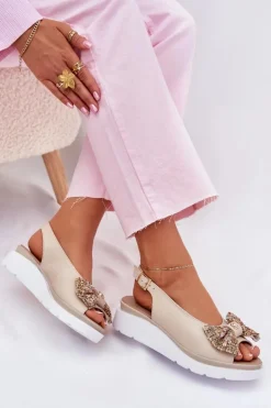 Zazoo Sandały Na Koturnie*Skórzane Sandały Damskie Na Koturnie Z Kokardą 1882 Beżowe Beżowy