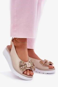 Zazoo Sandały Na Koturnie*Skórzane Sandały Damskie Na Koturnie Z Kokardą 1882 Beżowe Beżowy