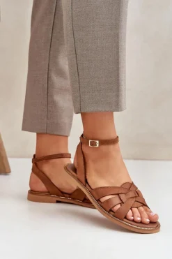 New Boto Skórzane Sandały Damskie Na Płaskim Obcasie Zazoo 3688 Camel