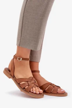 New Boto Skórzane Sandały Damskie Na Płaskim Obcasie Zazoo 3688 Camel